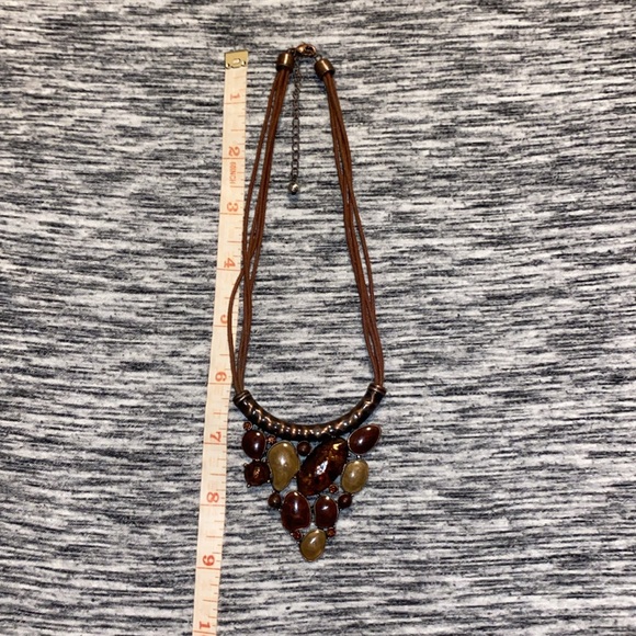 Multi-Stone Brown Triangular Statement Necklace on Brown Cords Costume Jewelry - Picture 10 of 11
